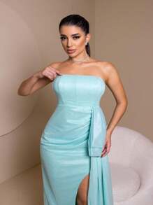 Luna Shiny Tulle Long Bridesmaid Dress - Màu xanh lam - Xem 5