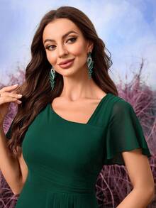 UNITHORSE Chiffon Ruffle Sleeve Pleated Waist Bridesmaid Dress - Dark Green - View 7