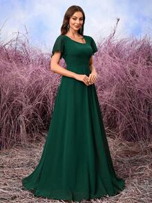UNITHORSE Chiffon Ruffle Sleeve Pleated Waist Bridesmaid Dress - Dark Green - View 5