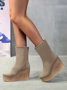Perfect With Jeans,2-Way Comfy Black Wedge Ankle Boots For Women, New Fashion Slip-On Short Boots With Thermal Lined, Elastic Shaft, Stylish High Heels For Autumn & Winter