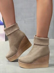 Perfect With Jeans,2-Way Comfy Black Wedge Ankle Boots For Women, New Fashion Slip-On Short Boots With Thermal Lined, Elastic Shaft, Stylish High Heels For Autumn & Winter