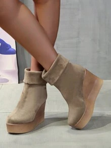 Perfect With Jeans,2-Way Comfy Black Wedge Ankle Boots For Women, New Fashion Slip-On Short Boots With Thermal Lined, Elastic Shaft, Stylish High Heels For Autumn & Winter