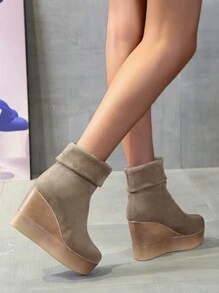 Perfect With Jeans,2-Way Comfy Black Wedge Ankle Boots For Women, New Fashion Slip-On Short Boots With Thermal Lined, Elastic Shaft, Stylish High Heels For Autumn & Winter