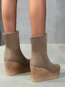 Perfect With Jeans,2-Way Comfy Black Wedge Ankle Boots For Women, New Fashion Slip-On Short Boots With Thermal Lined, Elastic Shaft, Stylish High Heels For Autumn & Winter