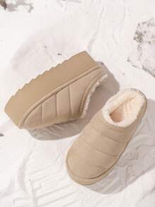 5厘米高跟女式厚底包趾拖鞋，柔软毛绒保暖静音家居拖鞋，适合秋冬季 - 米色 - 查看 6