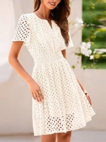 Valentine's Day  Women's Summer Skirt V-Neck Short Sleeve A-Line Hollow Lace Ruffled Cute Casual Dress