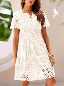 Valentine's Day  Women's Summer Skirt V-Neck Short Sleeve A-Line Hollow Lace Ruffled Cute Casual Dress