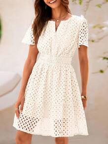 Valentine's Day  Women's Summer Skirt V-Neck Short Sleeve A-Line Hollow Lace Ruffled Cute Casual Dress