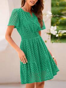 Women's Summer Skirt V-Neck Short Sleeve A-Line Hollow Lace Ruffled Cute Casual Dress - 綠色 - 查看 3