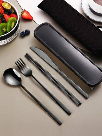 4pcs Stainless Steel Portable Cutlery Set, Travel Utensils Set With Case, Reusable Stainless Steel Camping Cutlery Set With Fork, Spoon, Chopsticks And Box, Suitable For Western Food, Kitchen, Lunch Box, Office, Picnic, Daily Dining, Christmas, Various Combinations Can Be Used As Christmas Gifts,School Supplies
