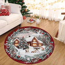 1pc 'Reindeers And Cat In The Snow, Christmas' Non-Slip Resistant Round Rug, Machine Washable, Carpet For Entryway Living Room Bedroom, Outdoor Patio Garden Yard Decor Rug, Home Decor, Room Decor, Area Rug, Tapestry - Multicolor - View 4