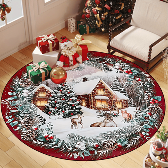 1pc 'Reindeers And Cat In The Snow, Christmas' Non-Slip Resistant Round Rug, Machine Washable, Carpet For Entryway Living Room Bedroom, Outdoor Patio Garden Yard Decor Rug, Home Decor, Room Decor, Area Rug, Tapestry
