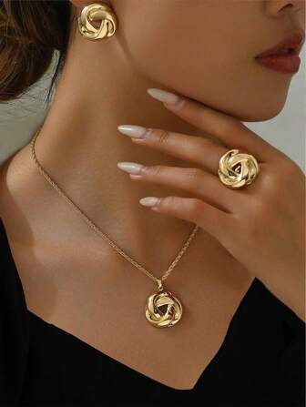 4pcs/Set Minimalist Metal Boho Twisted Knot, Rose Flower Pendant Necklace And Stud Earrings Jewelry Set For Women, Party/Date Accessories Gift Valentines,Mom,Mother,Mother's Day,Gift