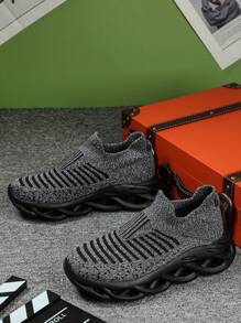 男士基本款灰色和黑色轻质透气针织运动鞋，舒适宽松，适合跑步、健身、散步 - 彩色 - 查看 3
