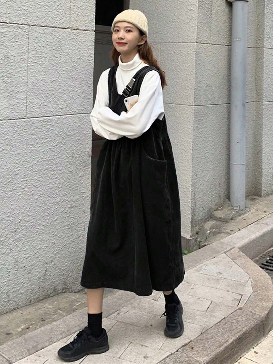 纯色灯芯绒背带连衣裙，带双口袋，黑色休闲款 - 黑色 - 查看 1