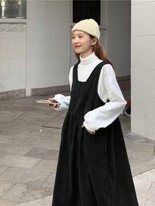 纯色灯芯绒背带连衣裙，带双口袋，黑色休闲款 - 黑色 - 查看 5