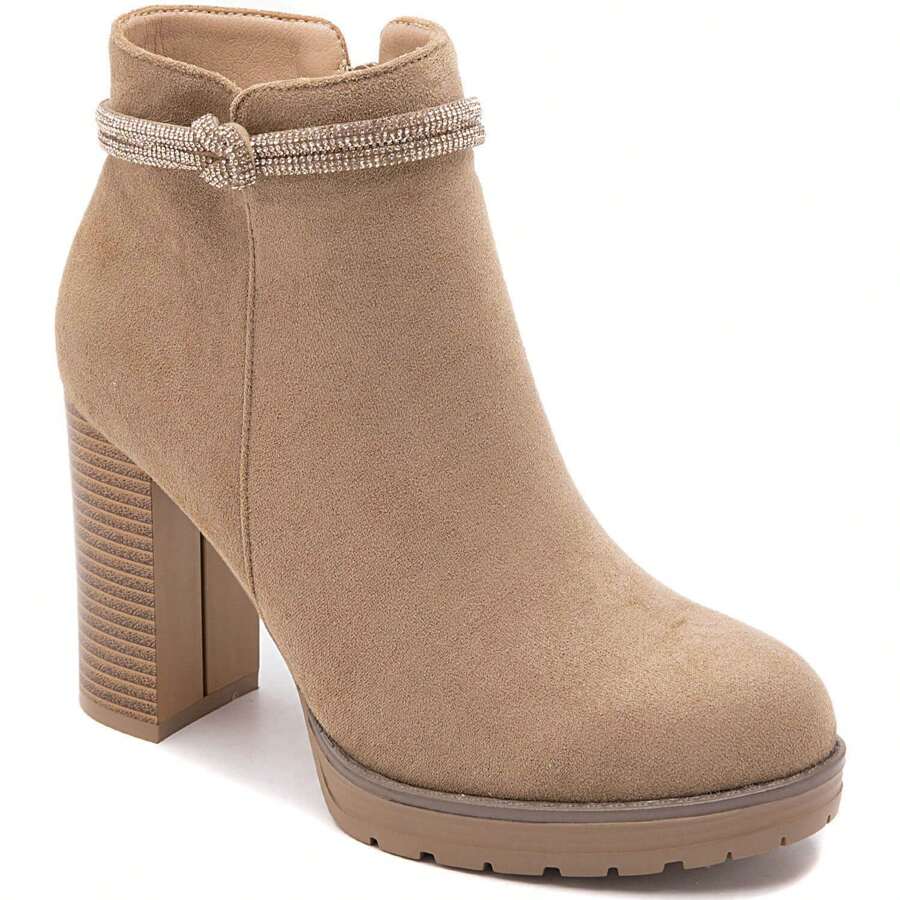Taupe Suede Ankle Boots With Mid-Heel And Gold Zip – Refined Simplicity And Everyday Comfort - Khaki - View 1