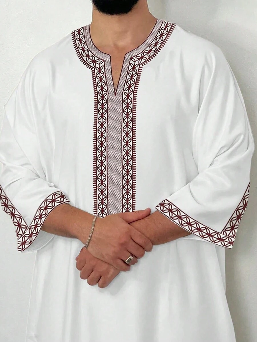 Gandoura Style Embroidered Traditional Long Robe, Muslim Moroccan Men Half Sleeve Thobe