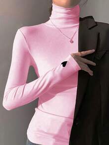 1 chiếc áo thun dài tay cổ cao họa tiết trái tim thời trang xuân/hè cho nữ - Hồng - Xem 4