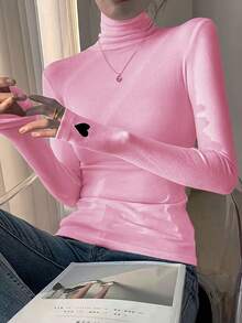 1 chiếc áo thun dài tay cổ cao họa tiết trái tim thời trang xuân/hè cho nữ - Hồng - Xem 2