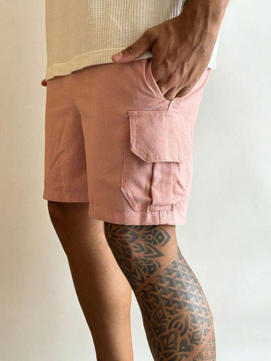Bermuda Linen Cargo Mauricinho With Drawstring Linen Shorts - Baby Pink - View 1