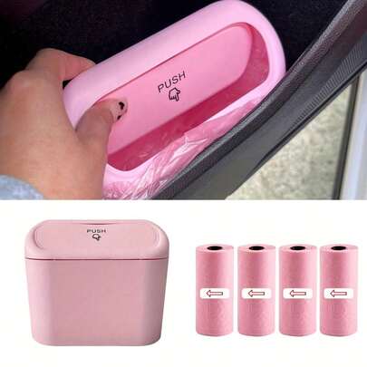 1pc Car Trash Can, Door Mounted Multi-Functional Storage Box, Front Seat Umbrella Holder, With 4 Rolls Trash Bags, Car Interior Accessories