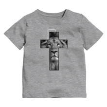 Cotton T-Shirt Short Sleeve Round Neck Children's Youth Lion Of Judah Cross Print 06 To 16 - 淺灰色 - 查看 2