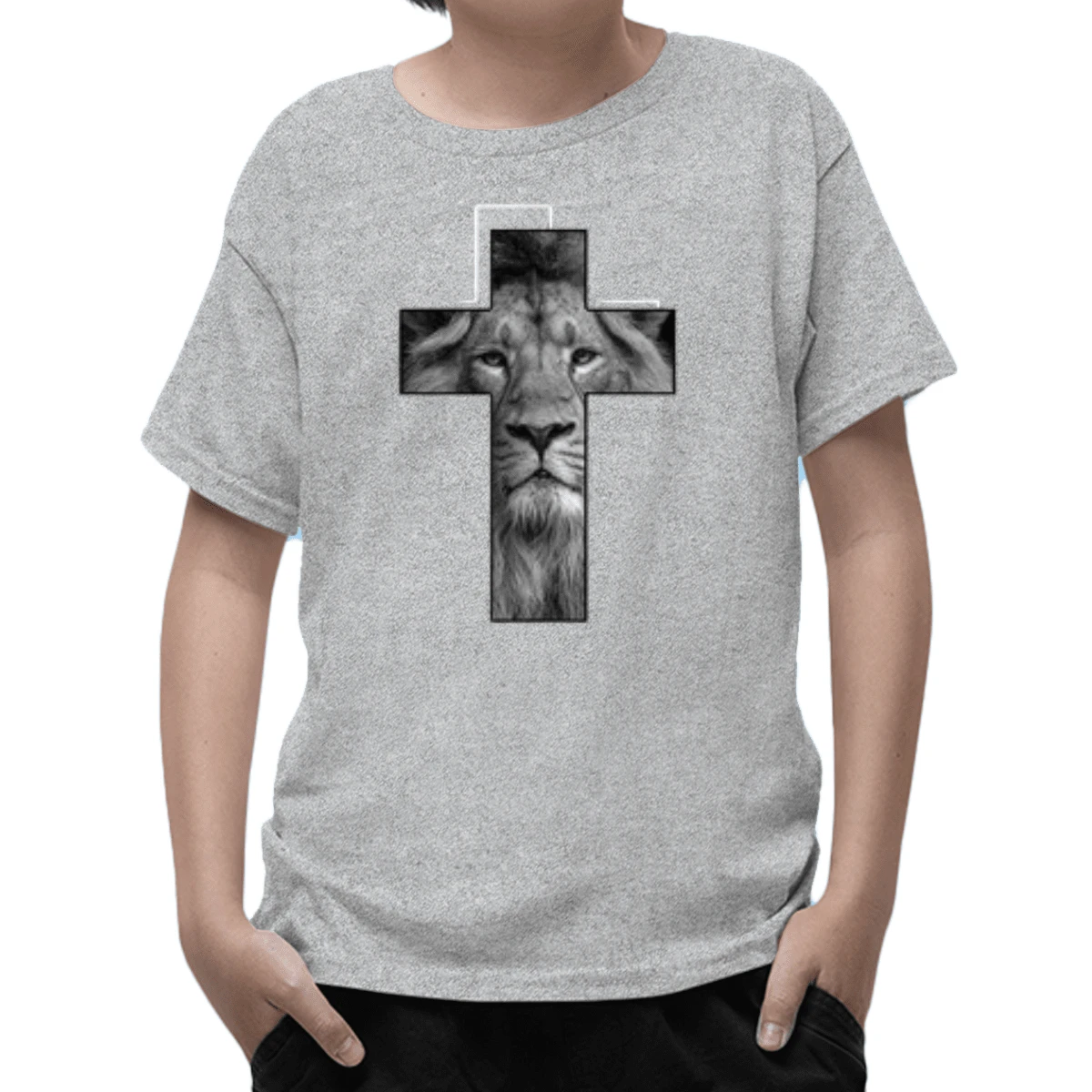 Cotton T-Shirt Short Sleeve Round Neck Children's Youth Lion Of Judah Cross Print 06 To 16 - 淺灰色 - 查看 1