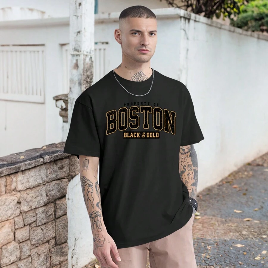 Boston City Black & Gold Casual T-Shirt Oversized T Shirt Fashion Streetwear 100% Cotton - 黑色 - 查看 1