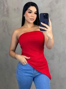 Chic New Fashion Elegant Asymmetrical Strapless Women's Blouse - 紅色 - 查看 1