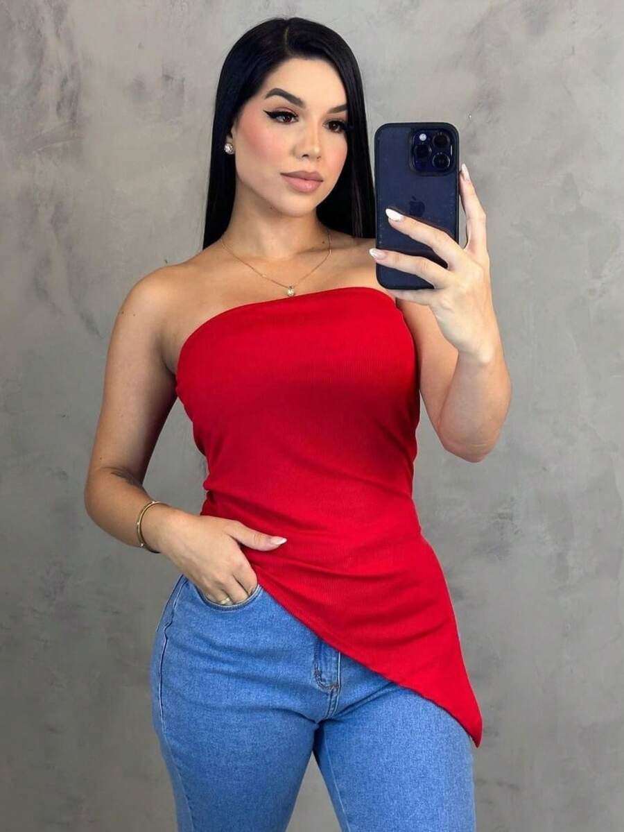 Chic New Fashion Elegant Asymmetrical Strapless Women's Blouse - 紅色 - 查看 1