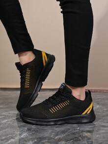 Women Black Casual Sneakers, Breathable Athletic Shoes, Lightweight Holiday & Travel Everyday Running Shoes, Comfortable Chunky Sneakers - Yellow - View 5