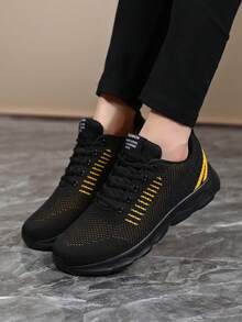 Women Black Casual Sneakers, Breathable Athletic Shoes, Lightweight Holiday & Travel Everyday Running Shoes, Comfortable Chunky Sneakers - Yellow - View 1