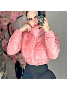 Short-Waisted Plush Bolero Jacket With Waist Adjustment - Pink - View 1