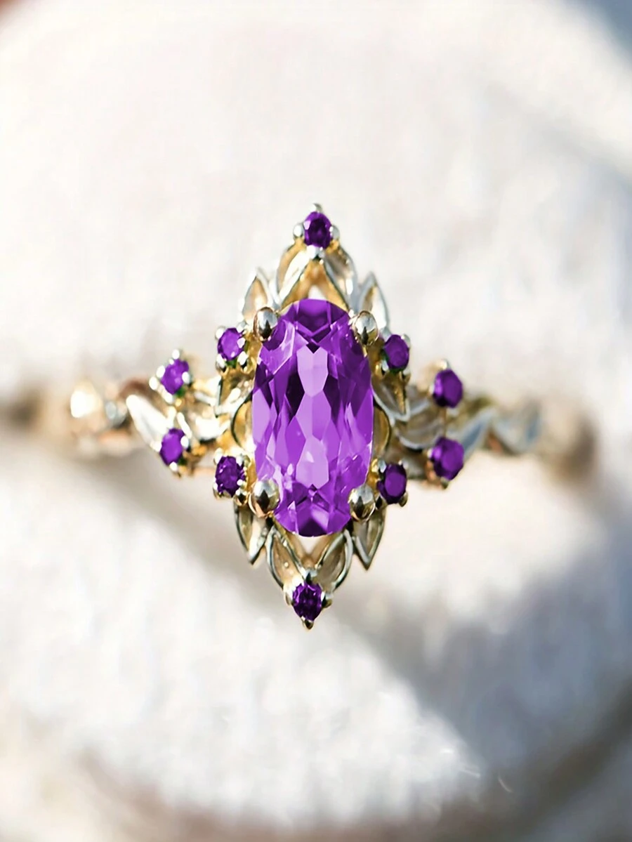 1 pieza Anillo morado de zirconia cúbica sintética eterno y lujoso de moda para mujer, adecuado para uso casual, de fiesta, vestido festivo, regalo de cumpleaños para una amiga - Morado - Ver 1