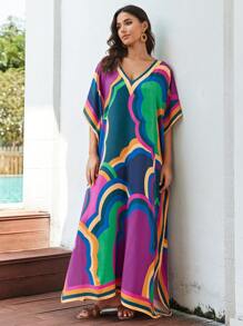 Plus Size Women's Batwing Kaftan Moroccan Style Beach Cover Dress - 彩色 - 查看 2