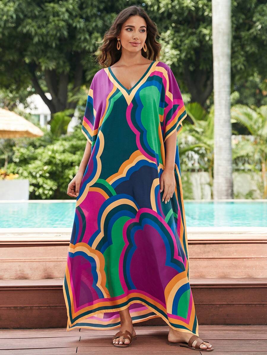 Plus Size Women's Batwing Kaftan Moroccan Style Beach Cover Dress - 彩色 - 查看 1