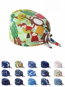 1 pieza Gorra de enfermera con estampado de paisaje y dibujos animados, hecha de poliéster, adecuada para médicos, enfermeras, salones de belleza, clínicas veterinarias, se puede usar en todas las estaciones para protección antibacteriana y contra el polvo - Multicolor - Ver 4
