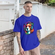 Casual Dog T-Shirt With Headphones Dog Shirt Listening To Music Personalized Doguinho T Shirt - Xanh đậm - Xem 1