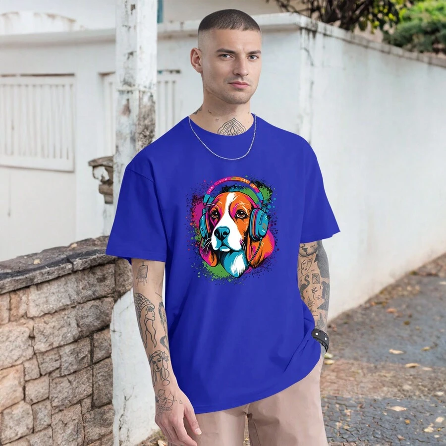 Casual Dog T-Shirt With Headphones Dog Shirt Listening To Music Personalized Doguinho T Shirt - Xanh đậm - Xem 1