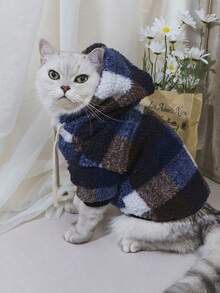 1 件格子印花羊毛连帽夹克，冬季适合小型/中型猫和狗的保暖宠物服装 - 藍色 - 查看 13