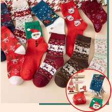 5 件装男女通用卡通圣诞中筒袜、节日圣诞麋鹿图案雪花袜、舒适厚羊毛袜、时尚节日长袜和袜子，适合节日欢呼礼物 - 彩色 - 查看 1