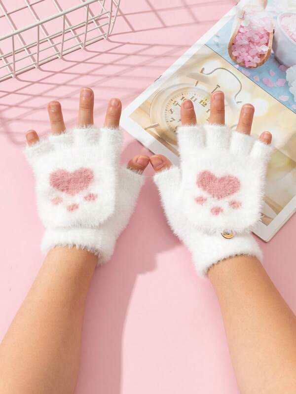 1pair Unisex Kids' Mid Finger Plush Gloves With Heart & Cat Claw Pattern For Warmth And Protection, Perfect For Outdoor Autumn/Winter