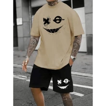 Basic T-Shirt Set Smile Spotted (FRONT) Men's Women's Cotton Shirt Reinforced Stitching Unisex StreetWear + Bermuda Sweatshirt Smile Spotted (BARRA) Men's Shorts Workout Gym Sport Fitness Casual With Pocket - Màu be - Xem 1