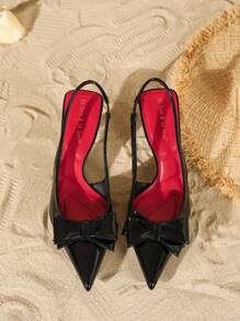女士优雅漆皮尖头露跟高跟鞋，带蝴蝶结，适合礼服和婚礼 - 黑色 - 查看 5
