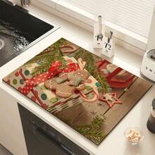 1 件圣诞主题吸水垫，姜饼人图案，橡胶底和涤纶顶，非常适合干燥餐具和台面，家居装饰 - 彩色 - 查看 4