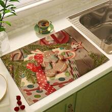 1 件圣诞主题吸水垫，姜饼人图案，橡胶底和涤纶顶，非常适合干燥餐具和台面，家居装饰 - 彩色 - 查看 3