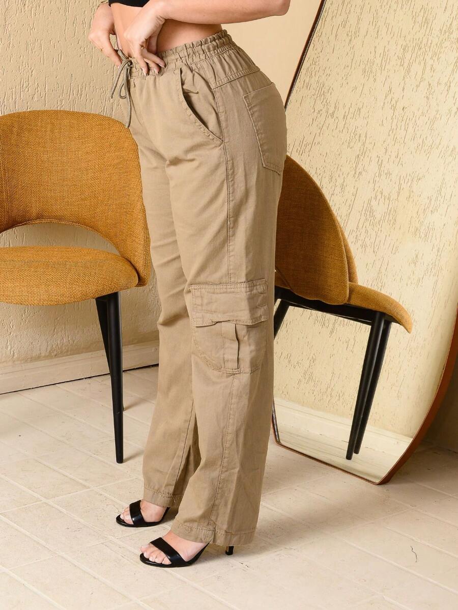 Women's Wide Leg Cargo Pants With Side Pocket And Drawstring Waist - Màu be - Xem 1