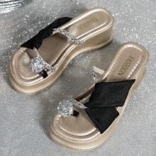 Sandales compensées à plateforme décorées de strass, style de rue pour femmes en été. Orteil ouvert, orteil rond, confortables, doux, antidérapants et respirants, polyvalents