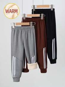 3pcs/Set Boys Striped Print Drawstring Waist Thermal Lined Warm Ankle Cuff Sweatpants, Suitable For Spring Autumn Winter
